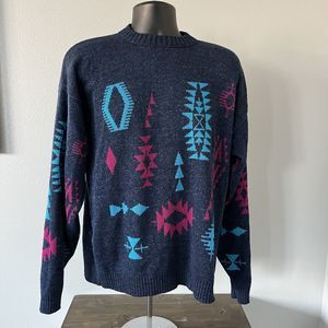 VTG Le Tigre Adult XL Pullover Sweater 80s Geometric Blue Turquoise Pink USA
